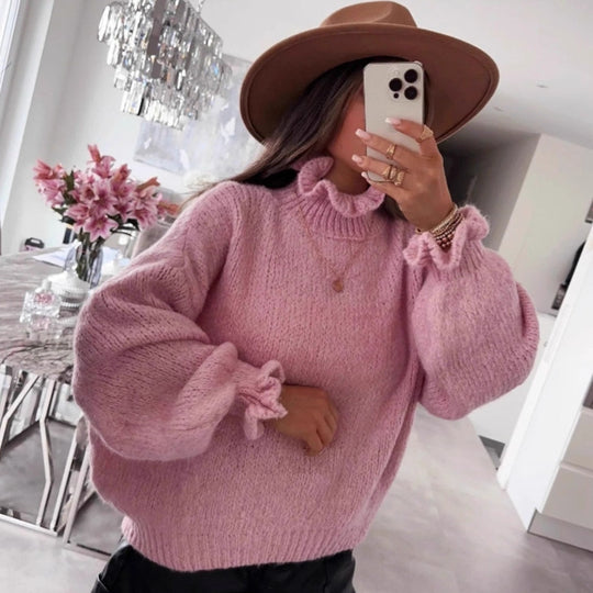 Damen kuscheliger Rollkragenpullover mit weiten Ärmeln und strukturellem Design EB