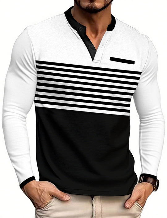 Herren nan modernes Langarm-Polo mit Henley-Blende gestreifter Brustpartie und Stehkragen EB
