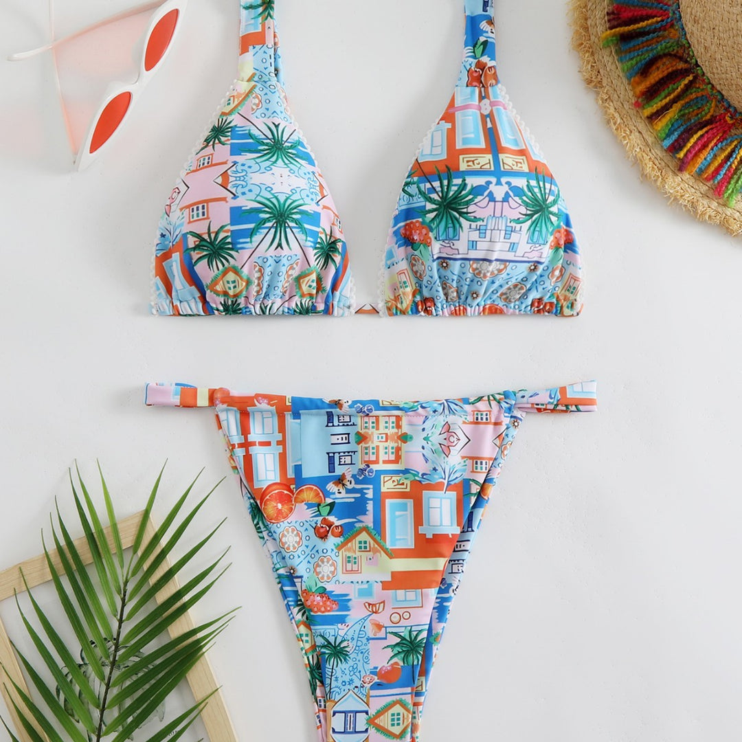 Damen Bikini-Set mit fröhlichem Stadtmotiv und hoch geschnittenem Höschen EB