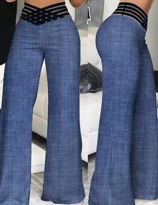 Damen nan hochtaillierte Schlaghose mit mehrreihiger Riemchen-Taille und weitem fließendem Bein EB