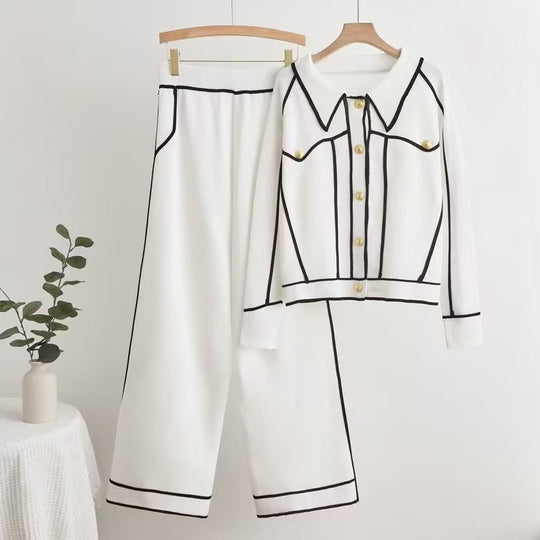 Damen stilvolles Freizeitanzug-Set mit kontrastierendem Knopfdesign EB