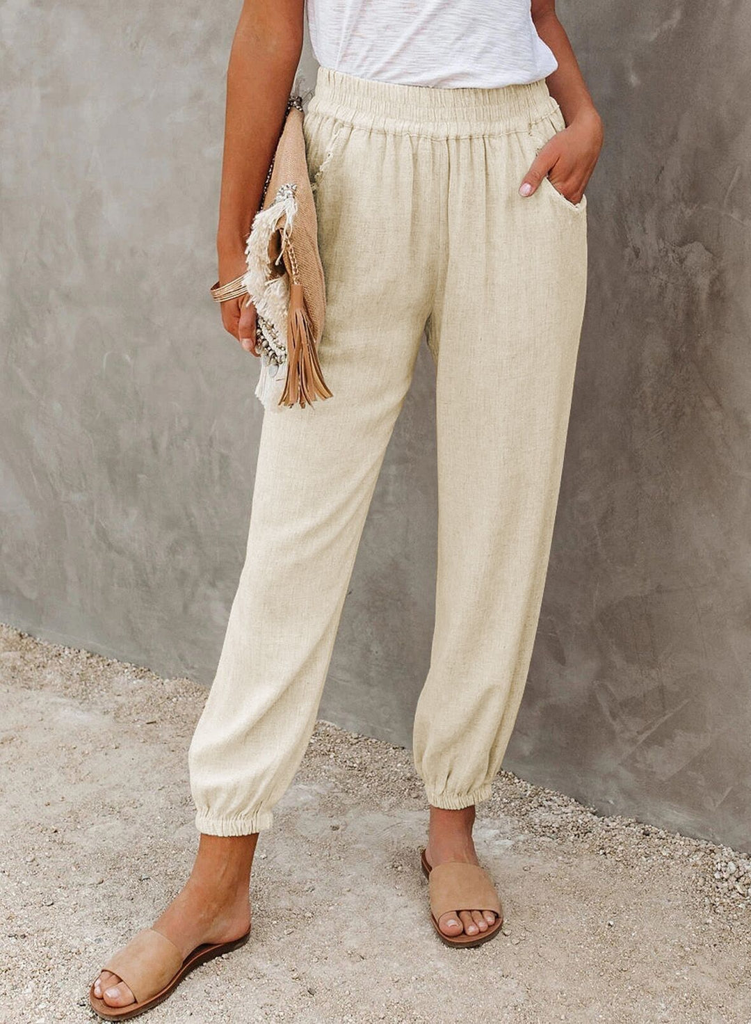 Damen lässige Leinen-Hose mit elastischem Bund und Gummizug EB