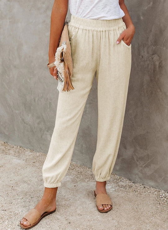Damen lässige Leinen-Hose mit elastischem Bund und Gummizug EB