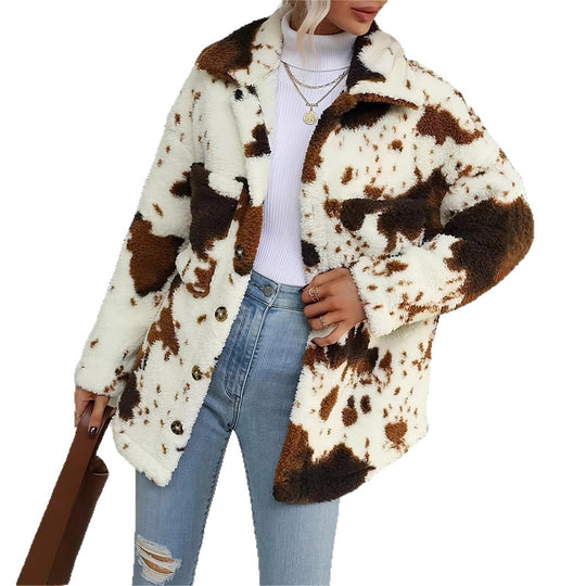Damen Kuschelige Fleecejacke mit modischem Tierfellmuster EB
