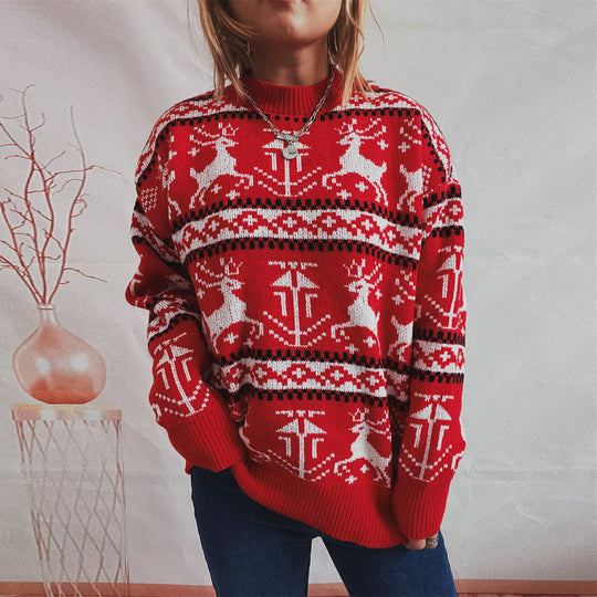 Damen Weihnachts-Pullover im festlichen Norwegermuster mit Rundhalsausschnitt EB