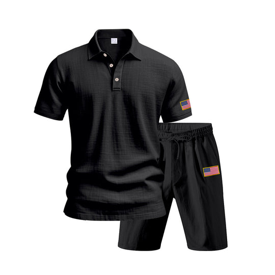 Herren Polo- und Shorts-Set mit gesticktem Länderflaggen-Motiv EB