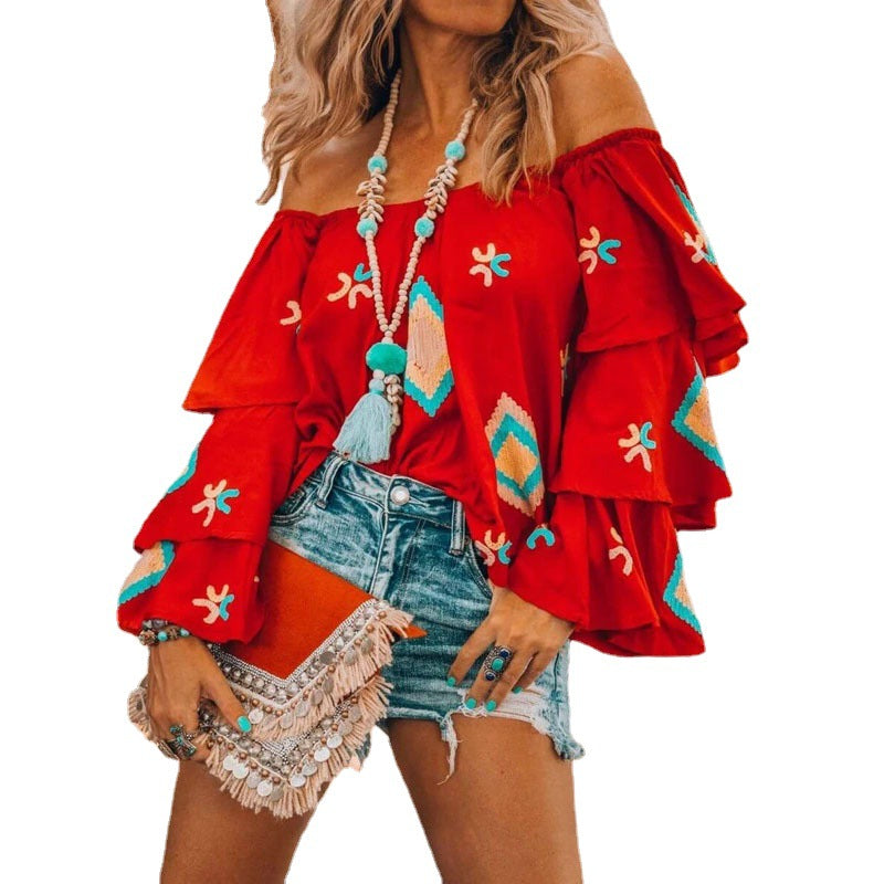 Damen Off-Shoulder Oberteil mit voluminösen Rüschen EB