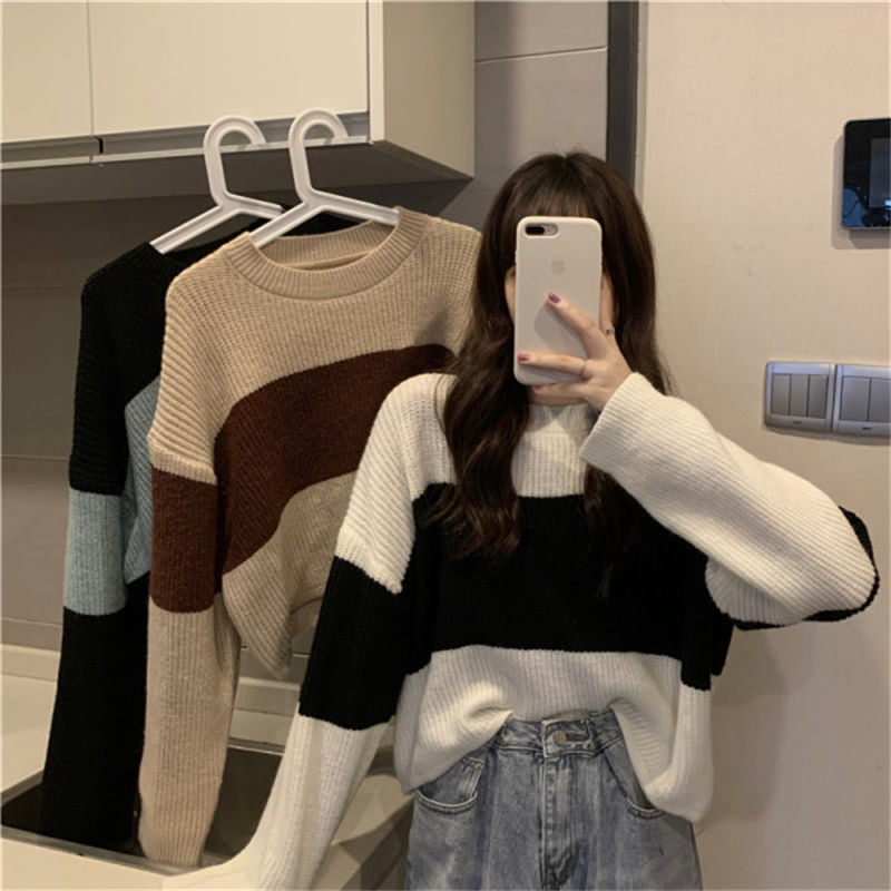 Damen Strickpullover mit weit geschnittenen Ärmeln und kontrastierendem Design EB