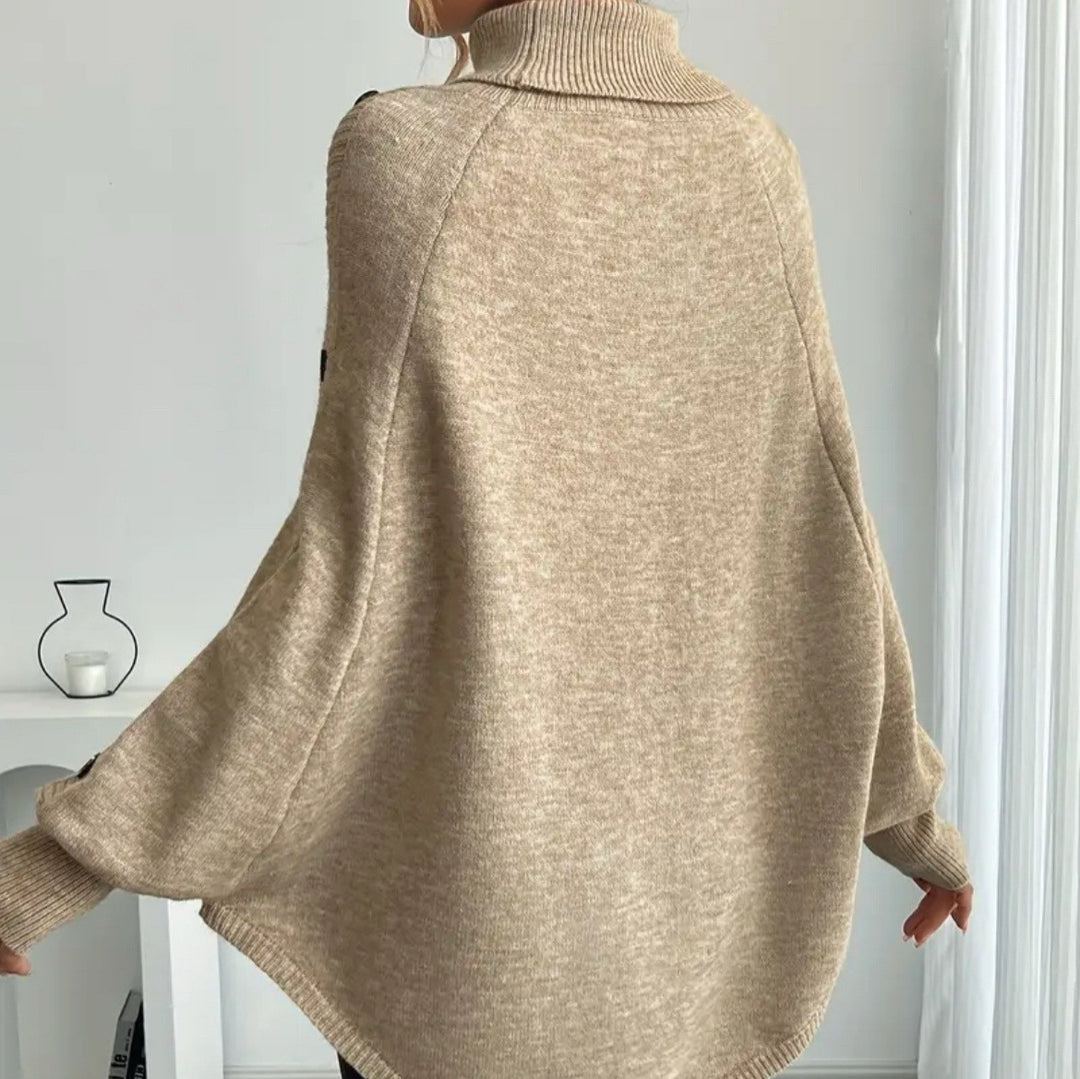 Damen Eleganter Strickponcho mit Rollkragen und Zopfmuster EB