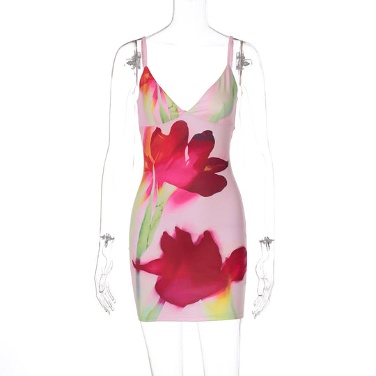 Damen Figurbetontes Minikleid mit Blumenprint und tiefem V-Ausschnitt EB