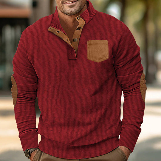 Herren eleganter Strickpullover mit Knopfleiste und kontrastierenden Ellbogenpatches EB
