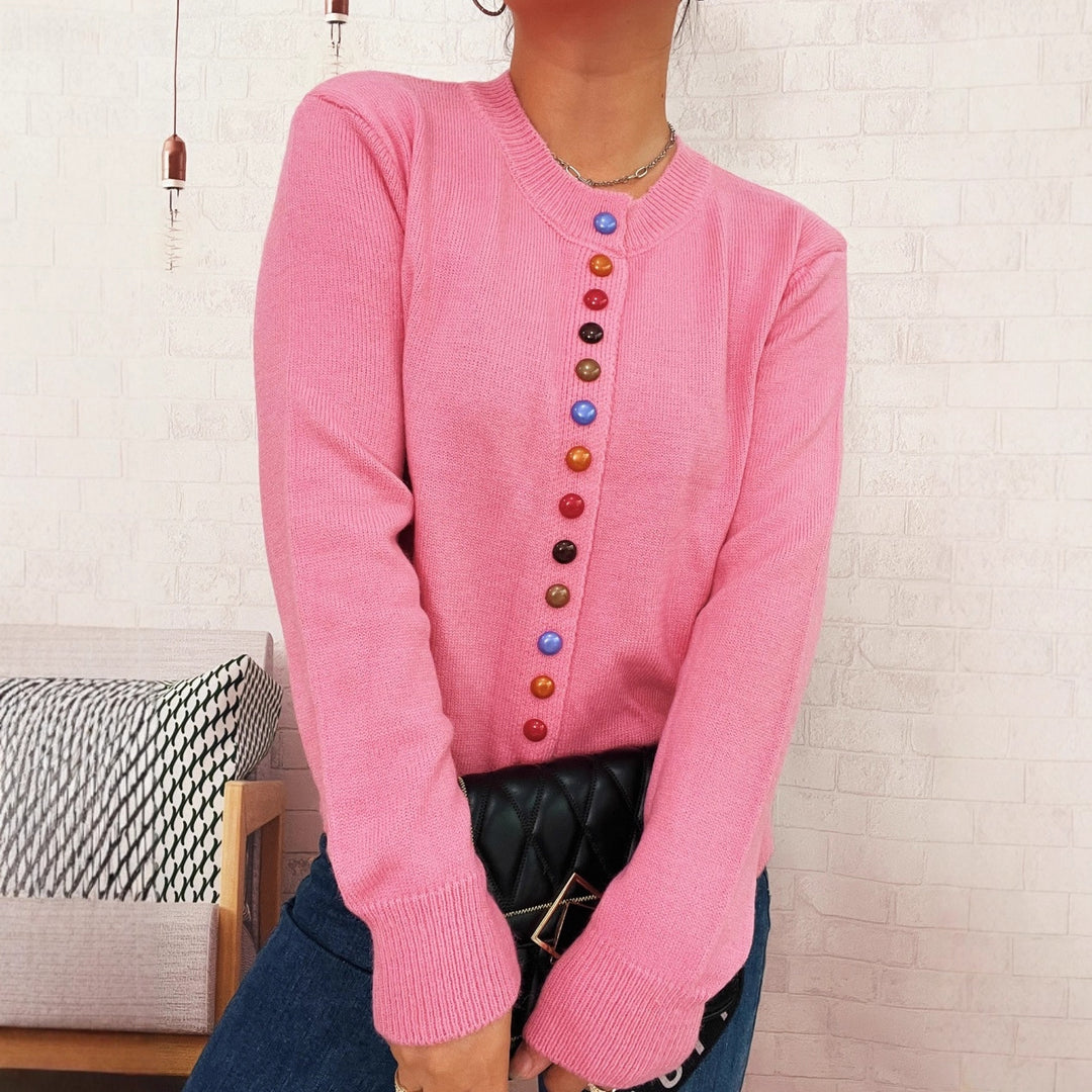 Damen stilvolle Strickjacke mit bunten Knöpfen EB