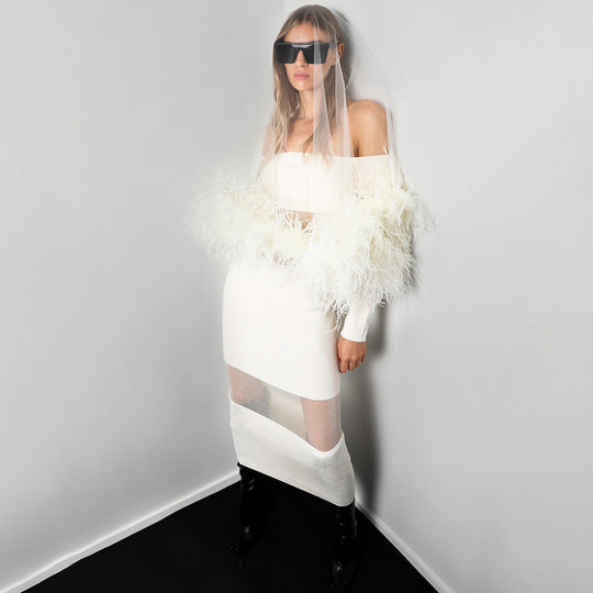 Damen Elegantes Kleid mit transparenten Einsätzen und federverzierten Ärmeln EB