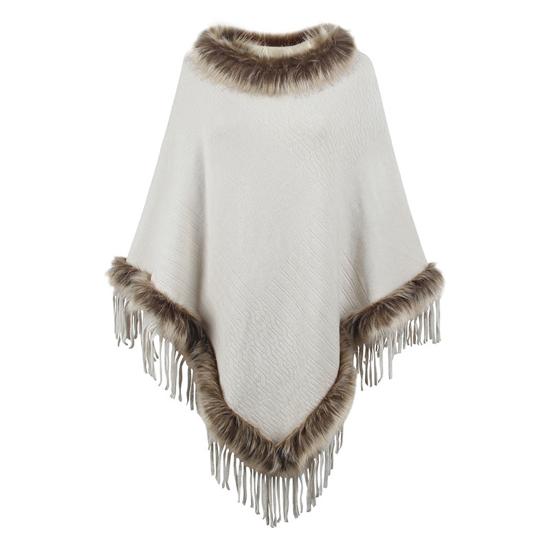Damen eleganter Poncho mit luxuriösem Kunstfellkragen und dekadenten Fransen EB