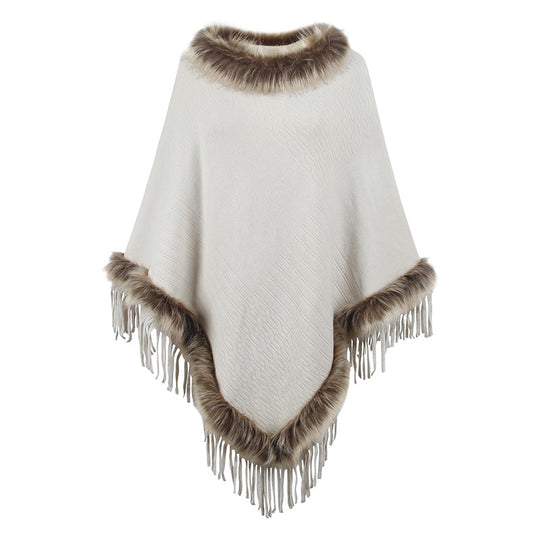 Damen eleganter Poncho mit luxuriösem Kunstfellkragen und dekadenten Fransen EB