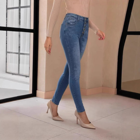 Damen Slim-Fit Jeans mit eleganter Knopfleiste und hohem Bund EB