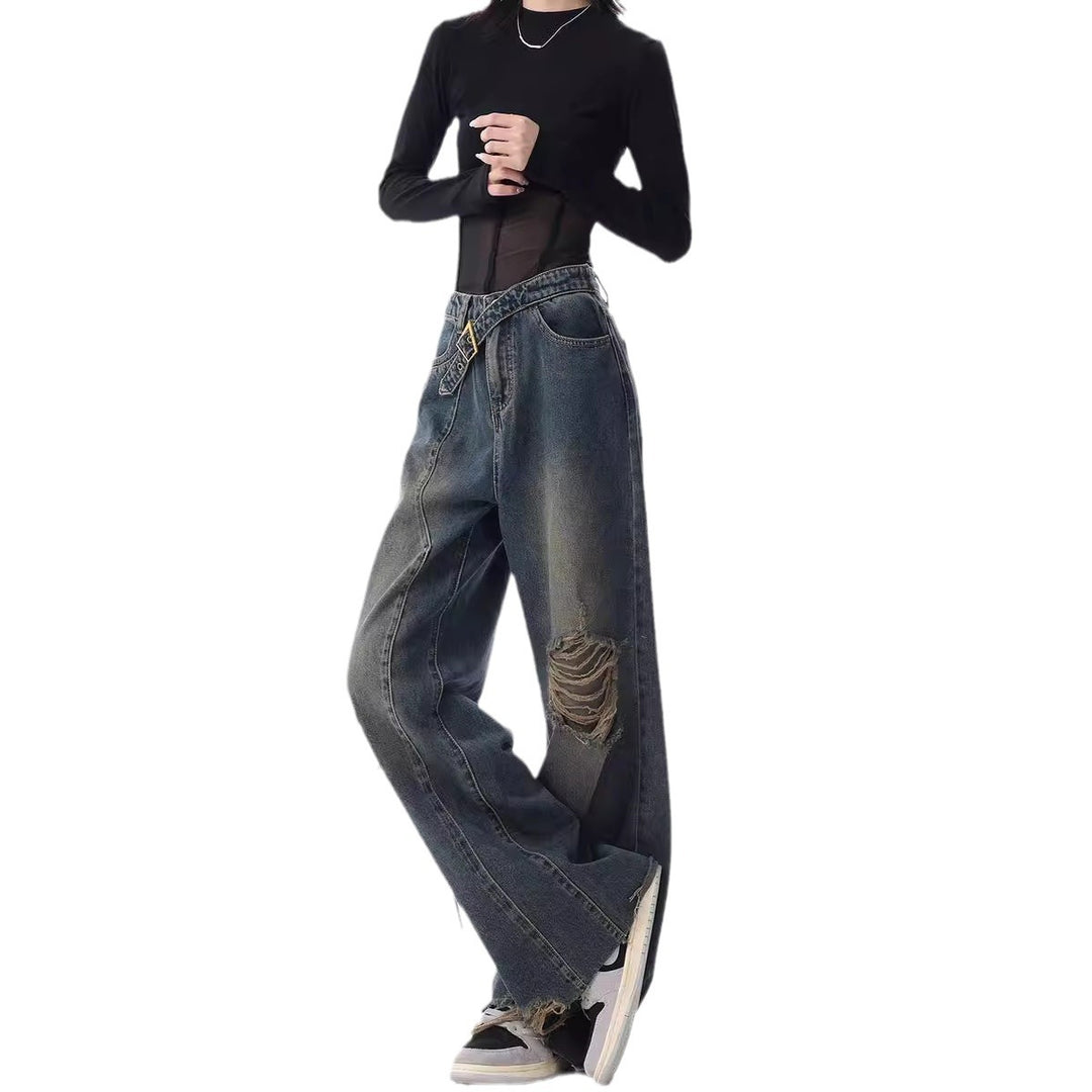 Damen Weite High-Waist Jeans im lässigen Used-Look mit modischen Rissen EB