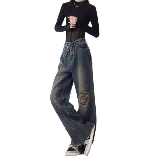 Damen Weite High-Waist Jeans im lässigen Used-Look mit modischen Rissen EB