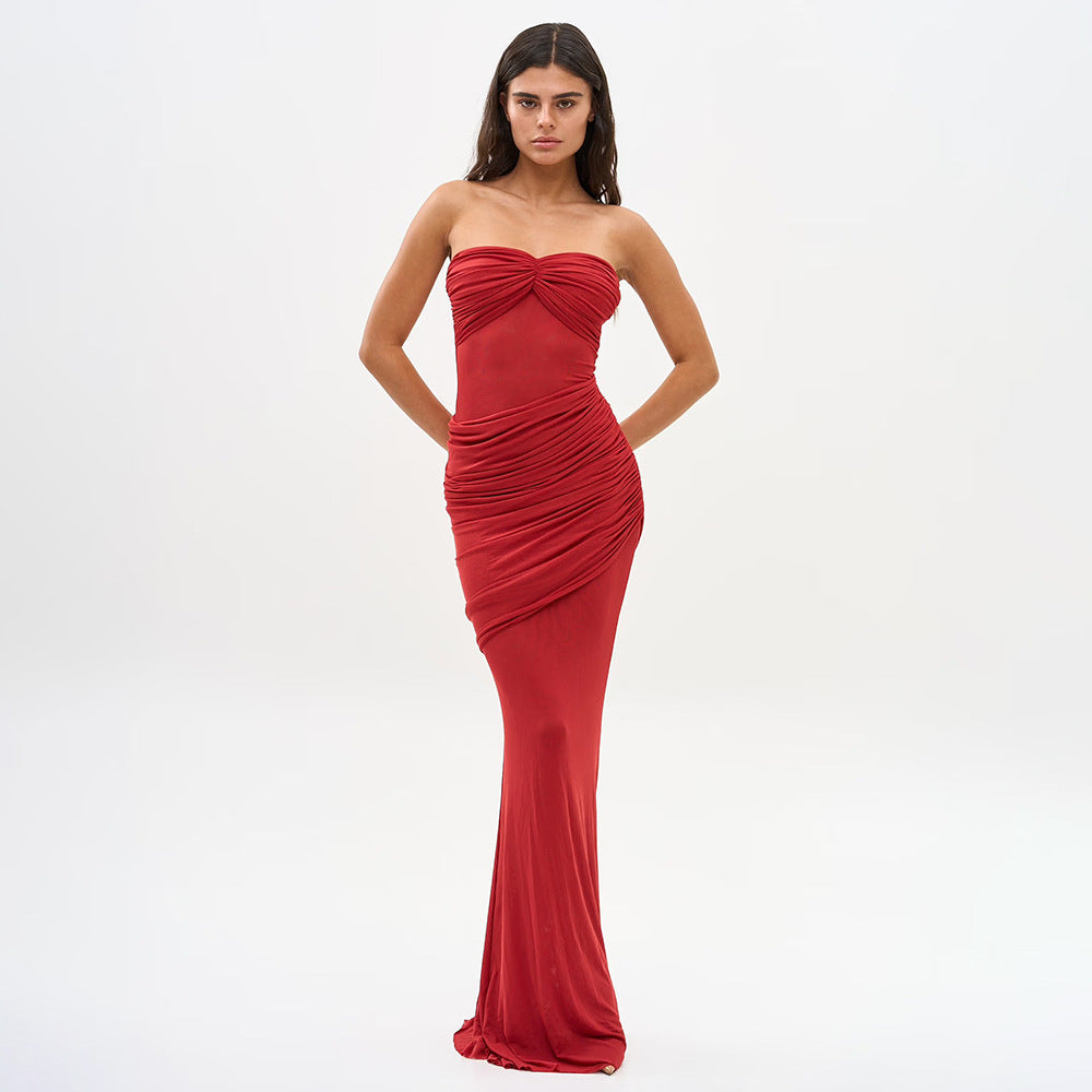 Damen Elegantes trägerloses Maxikleid mit raffiniertem Drapé und transparenten Einsätzen EB
