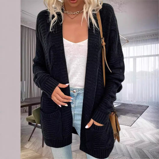 Damen Grobstrickcardigan mit seitlichen Taschen und feinem Muster EB