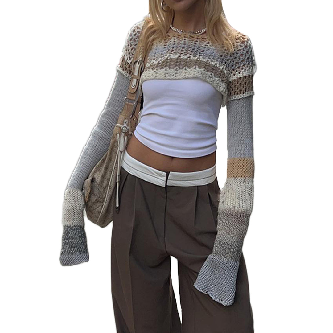 Damen gehäkeltes Crop-Top mit langem Arm und bunten Streifen EB