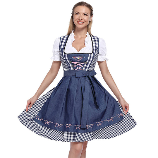 Damen nan klassisches Trachten-Dirndlkleid mit geschnürtem Mieder, herzbestickter Schürze und Vichy-Karo Rock EB