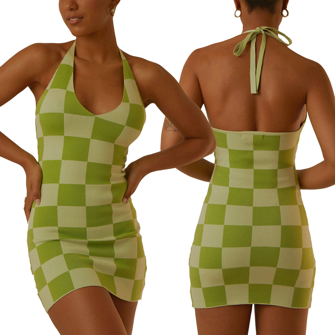 Damen enganliegendes Karomuster-Kleid mit tiefem V-Ausschnitt EB