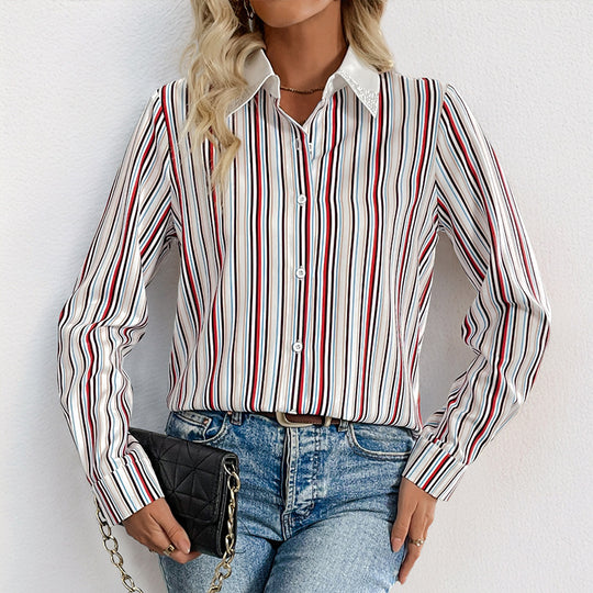 Damen Elegante gestreifte Hemdbluse mit Schmuckkragen und Krempelmanschetten EB