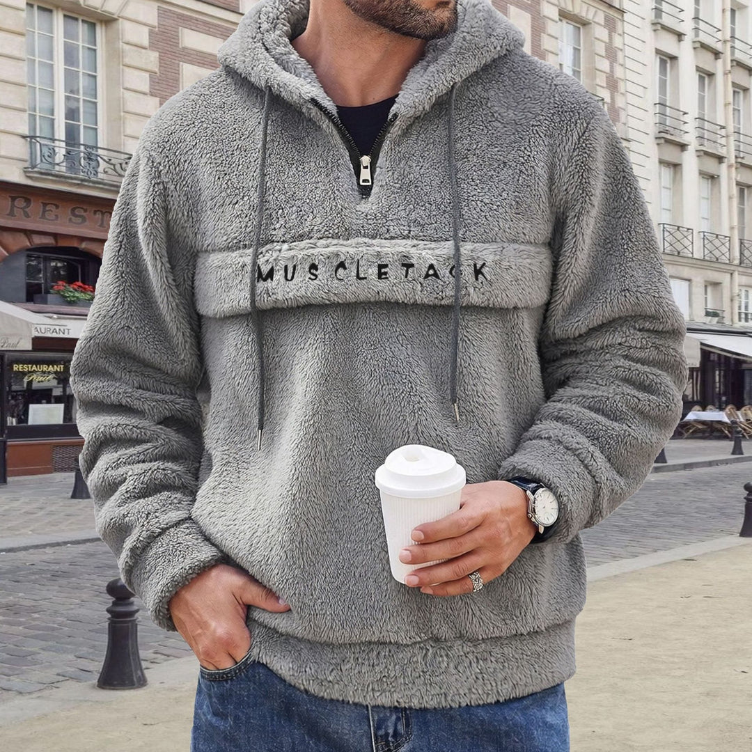 Herren nan Teddy-Fleece Kapuzenpullover mit halbem Reißverschluss, Kängurutasche und weichem Innenfutter EB