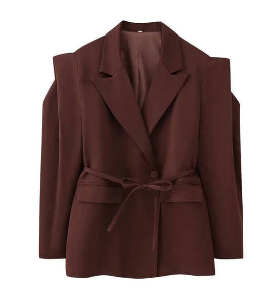 Damen nan taillierter Blazer mit Bindegürtel, Reverskragen und Schulterpolstern EB