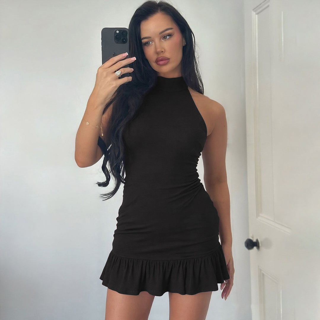 Damen Kleid mit hohem Kragen und Rüschenabschluss EB