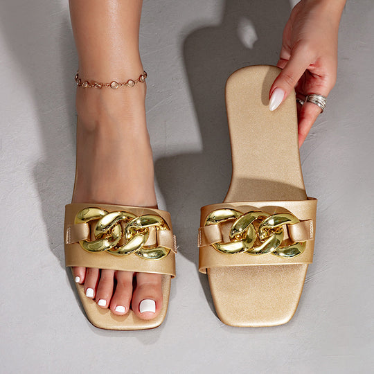 Damen elegante Mules mit goldfarbenem Kettenakzent EB