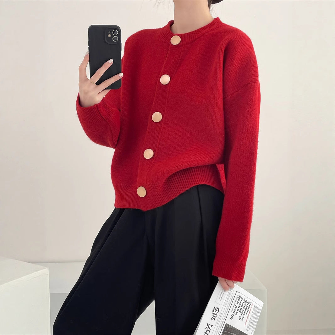 Damen Oversized Strickjacke mit großen Holzknöpfen und weitem Schnitt EB