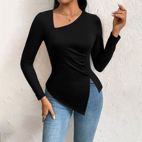 Damen asymmetrisches Langarm-Shirt mit diagonalem Cut-Out, taillierter Seitenraffung und spitz zulaufendem Zipfel-Saum Eichborn Berlin