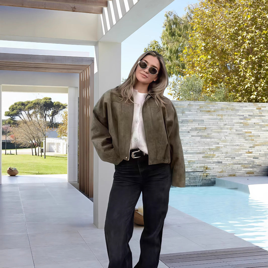 Damen Oversized Freizeitjacke aus hochwertigem Wildlederimitat mit dekorativen Details EB