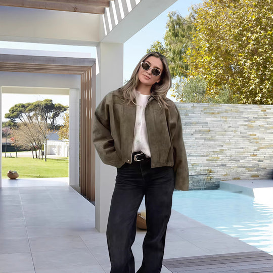Damen Oversized Freizeitjacke aus hochwertigem Wildlederimitat mit dekorativen Details EB