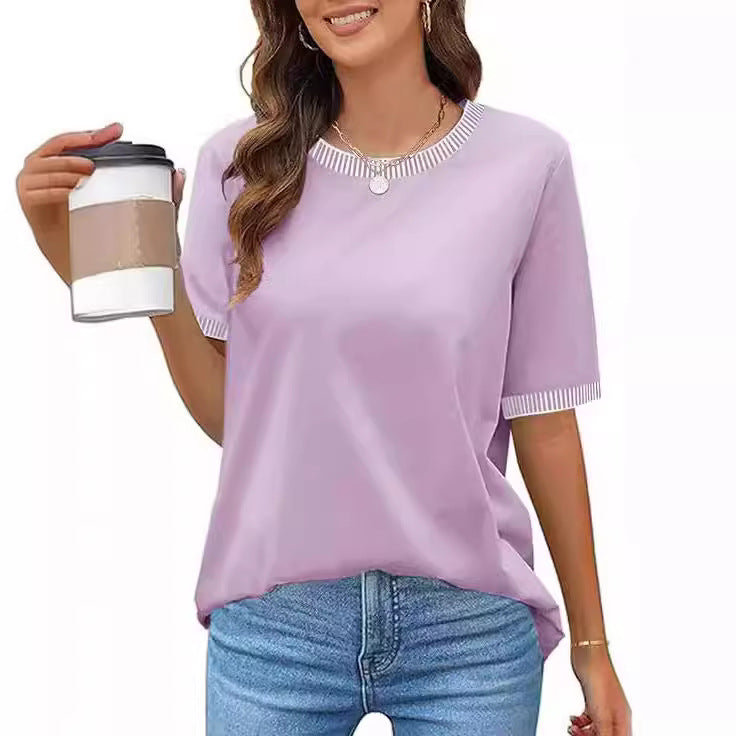 Damen Lässiges Kurzarm-Shirt mit Modischem Streifenkragen EB
