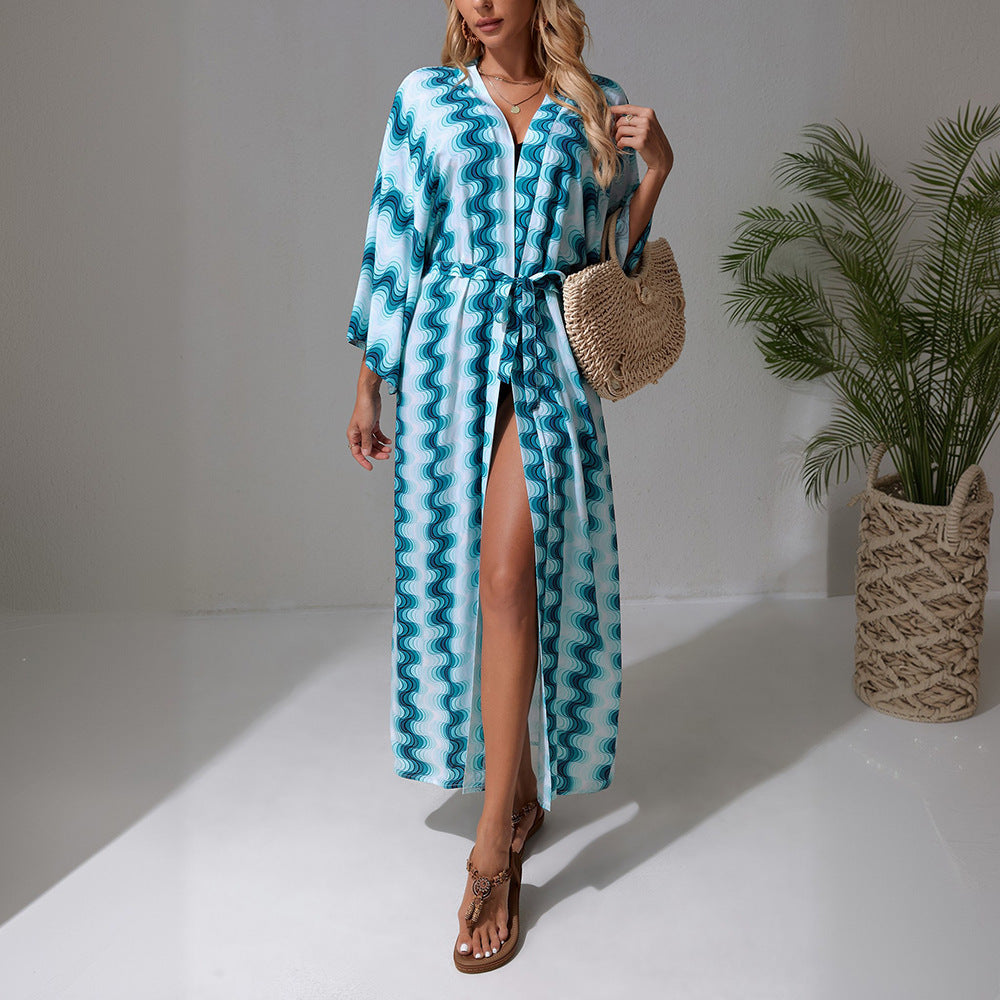 Damen Langer Strandkaftan mit V-Ausschnitt, Taillen-Bindegürtel & hohem Beinschlitz EB