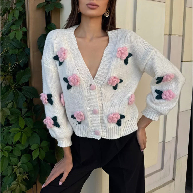 Damen Strickjacke mit floralem Stickdesign und geripptem Bund EB