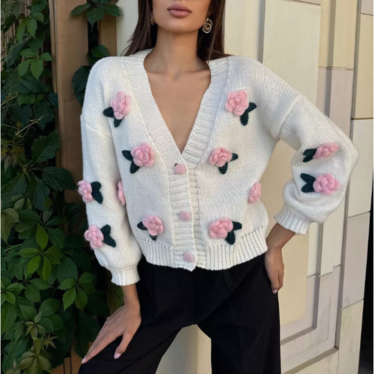 Damen Strickjacke mit floralem Stickdesign und geripptem Bund EB