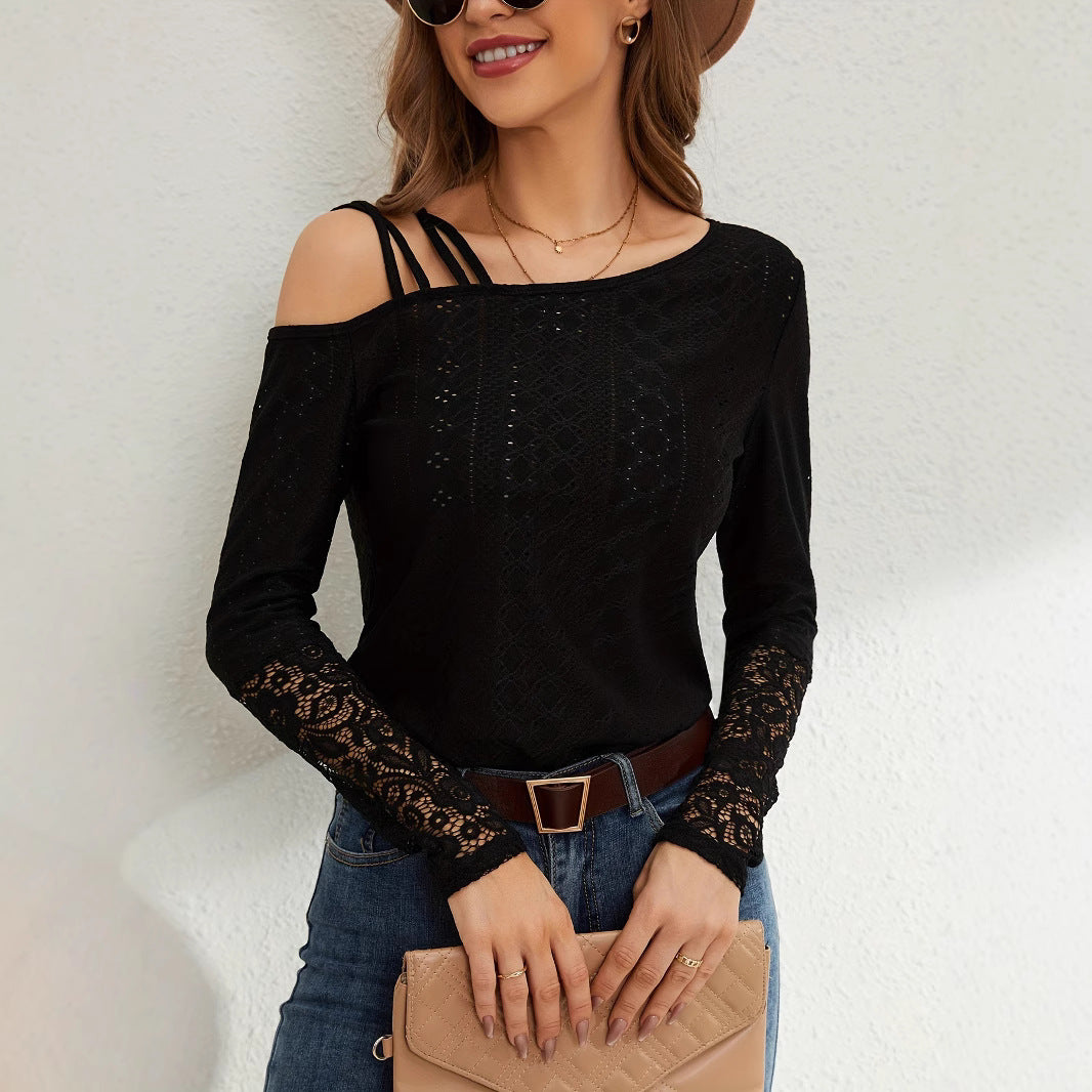 Damen Off-Shoulder Oberteil mit Spitzenbesatz und Trägerdesign EB