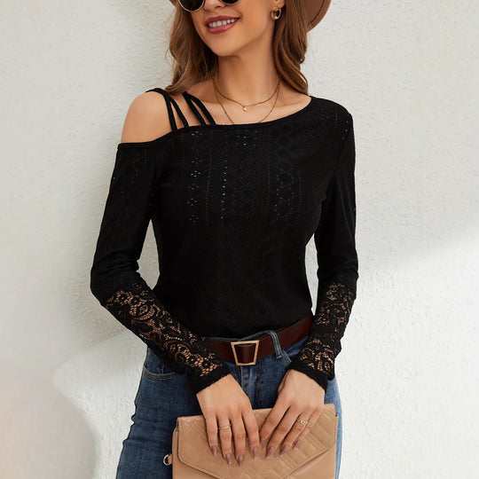 Damen Off-Shoulder Oberteil mit Spitzenbesatz und Trägerdesign EB
