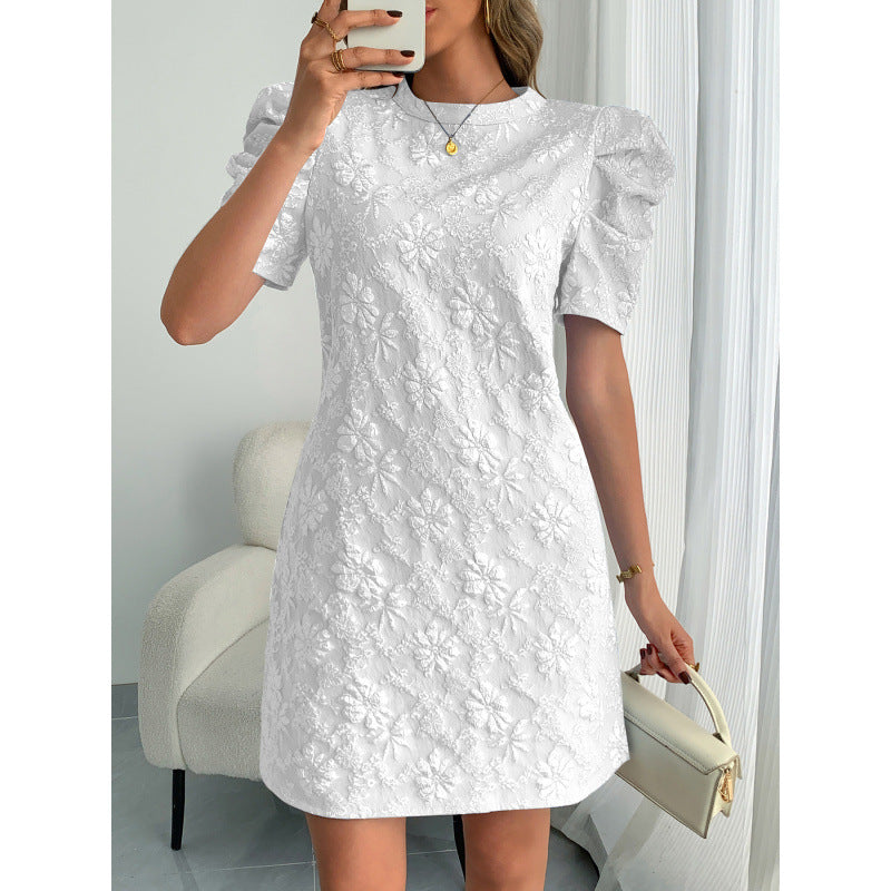 Damen Kurzarmkleid mit voluminiösen Ärmeln und floralen Stickereien EB