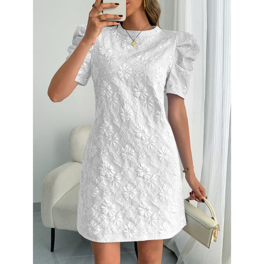 Damen Kurzarmkleid mit voluminiösen Ärmeln und floralen Stickereien EB