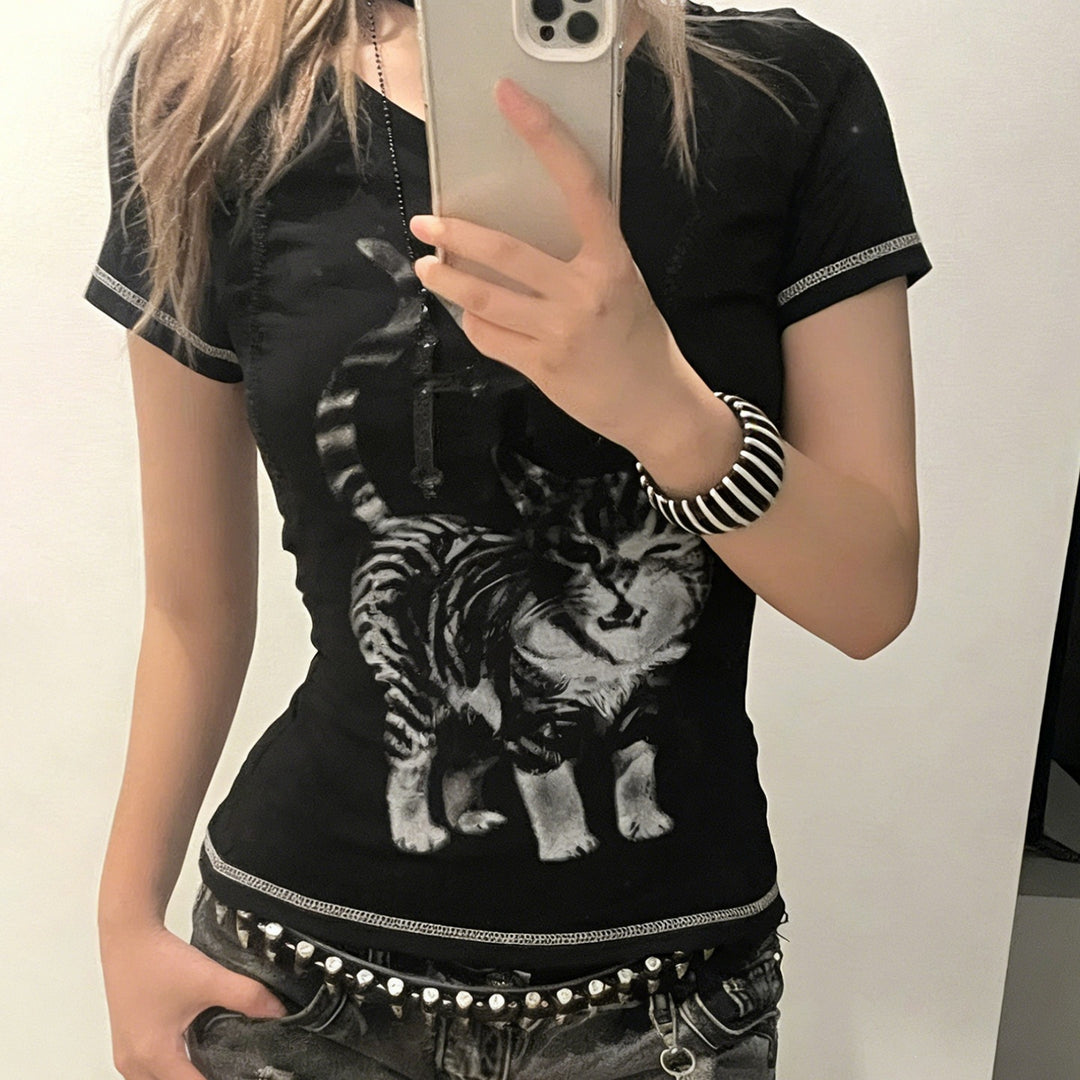 Damen T-Shirt mit kreativem Katzenmotiv EB
