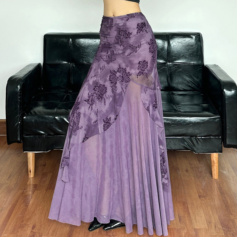 Damen eleganter asymmetrischer Maxirock mit floralen Verzierungen EB