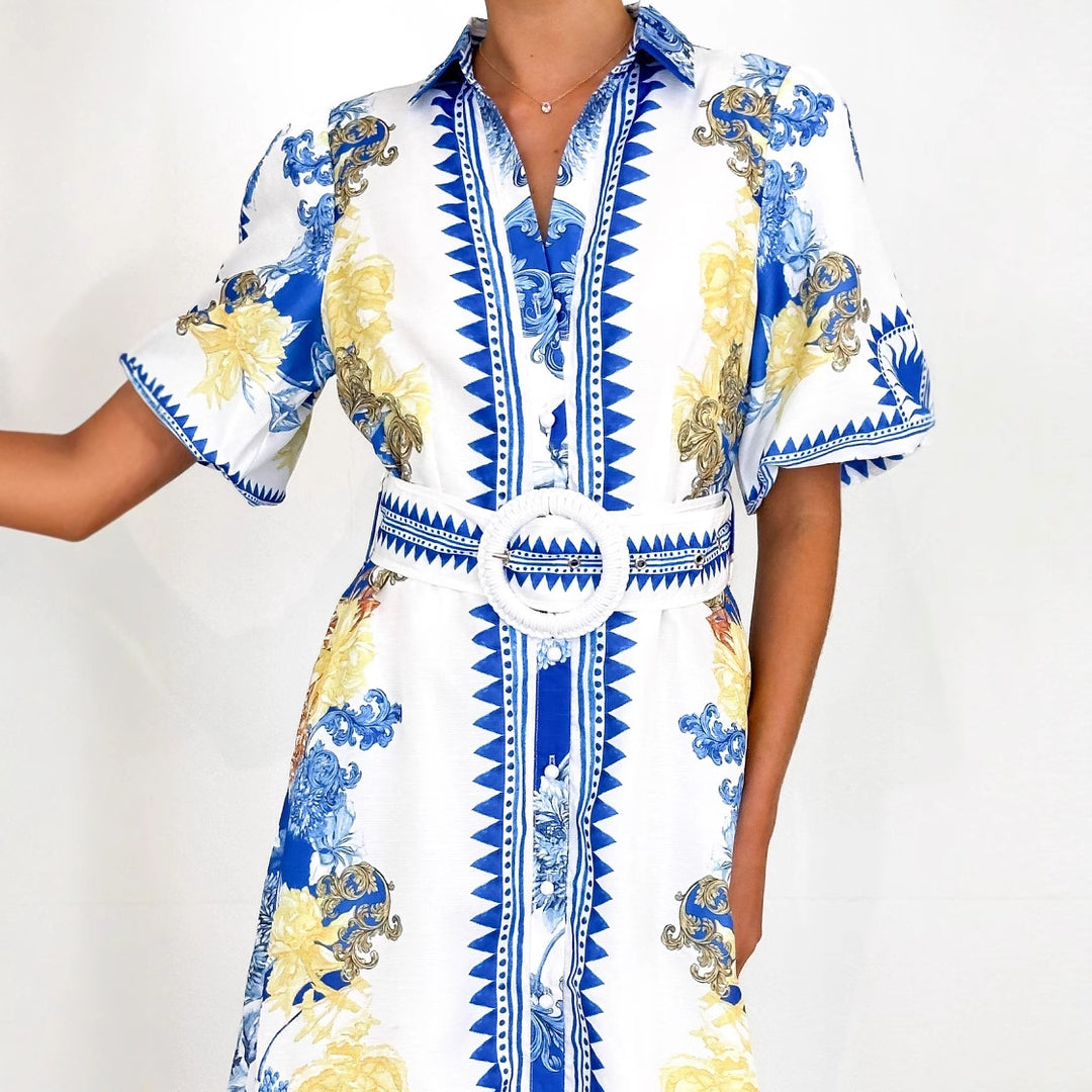 Damen Maxikleid mit floralem Knopfleisten-Design und tailliertem Gürtel EB