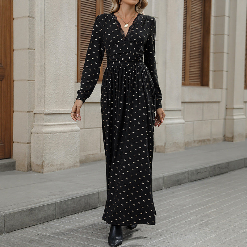 Damen Elegantes Maxi-Wickelkleid mit Spitzenbesatz, hohem Brustbund und gerafftem Volumenrock EB