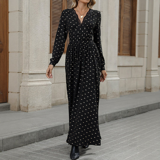 Damen Elegantes Maxi-Wickelkleid mit Spitzenbesatz, hohem Brustbund und gerafftem Volumenrock EB
