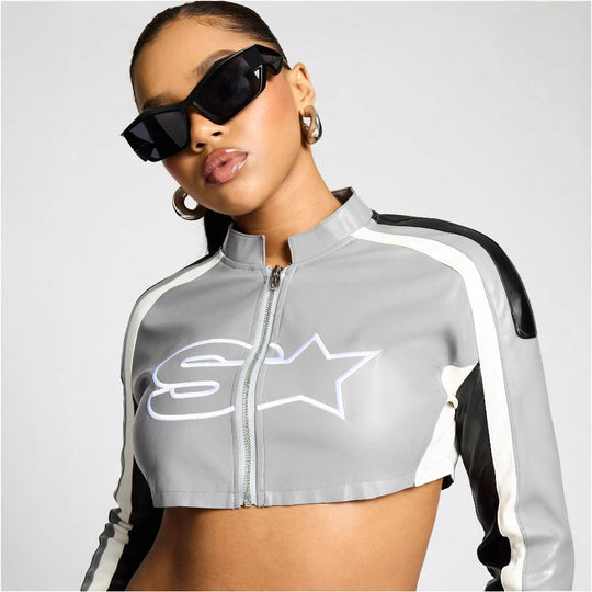Damen cropped Sportjacke mit stylischem Reißverschluss und kontrastierenden Streifen EB